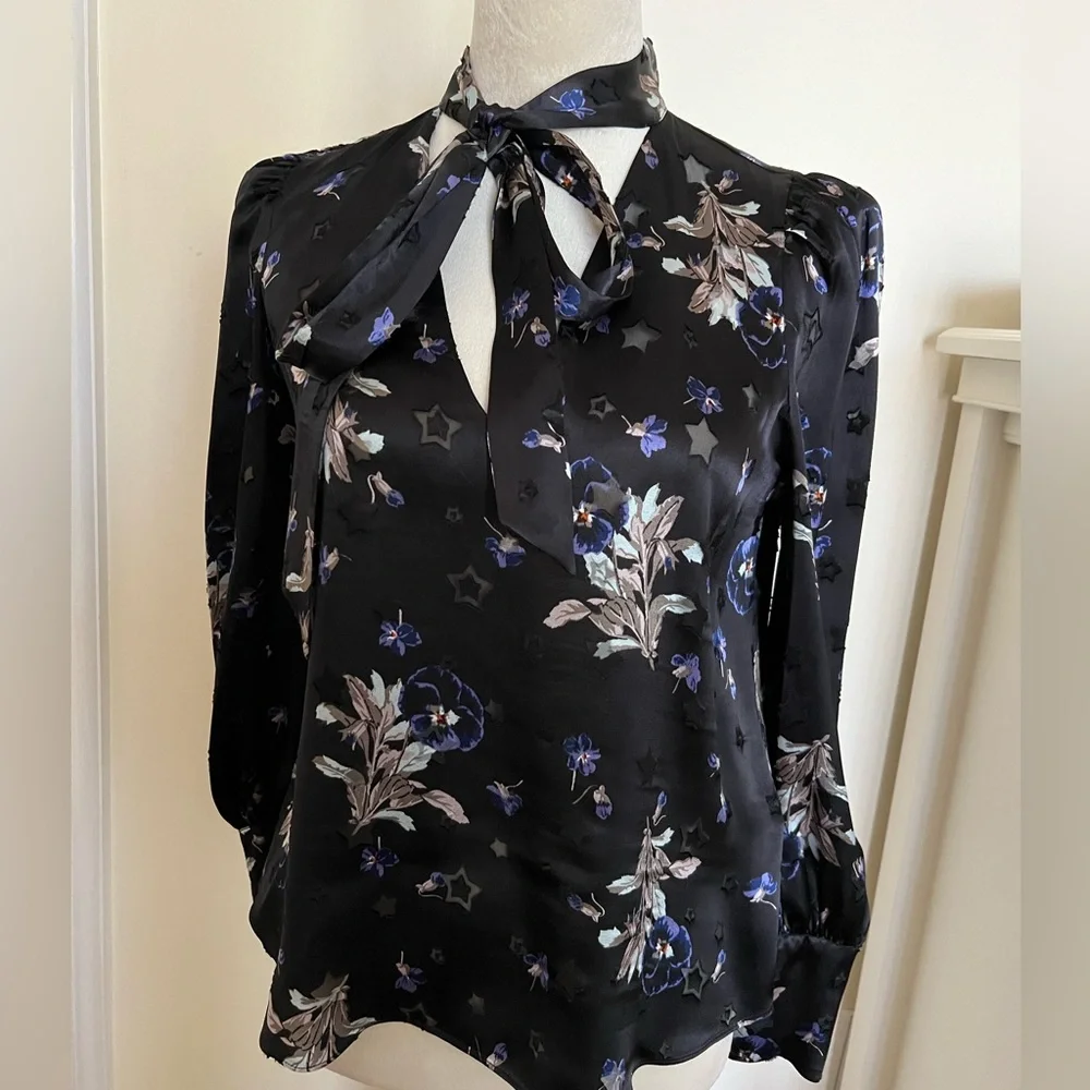 Rebecca Taylor Satin Burnout Scarf Neck Top - Violet Floral Size 4 - Picture 7 of 14